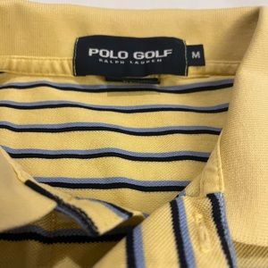 Polo Golf Shirt.  Medium.  100% Cotton.  Yellow with blue stripes. Pre-owned.